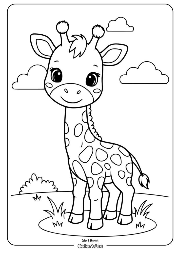Giraffe coloring page for kids with clouds and grass.
