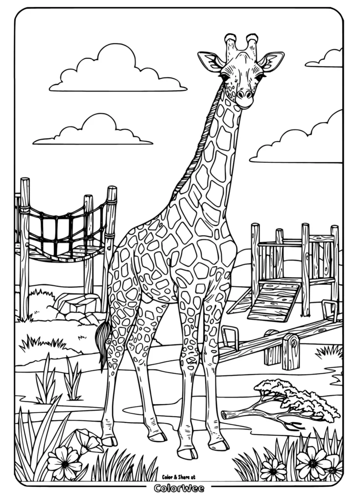 Giraffe coloring page in safari scene with trees and clouds.