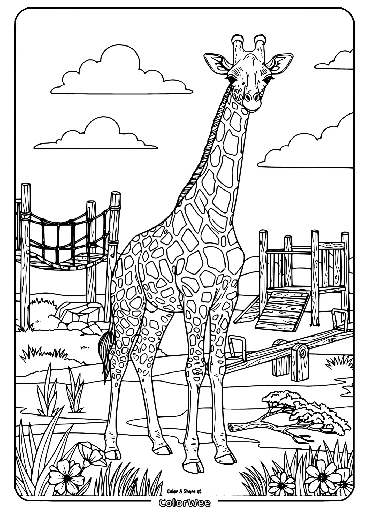 Giraffe coloring page in safari scene with trees and clouds.