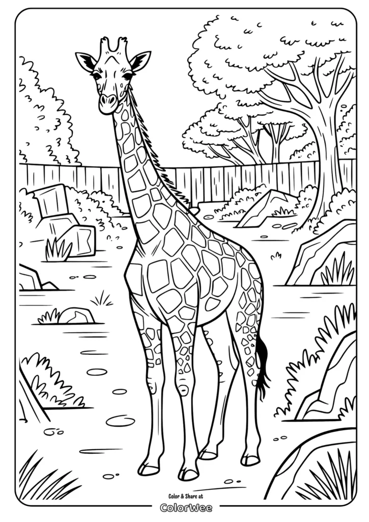 Giraffe coloring page, natural habitat, printable activity for kids.