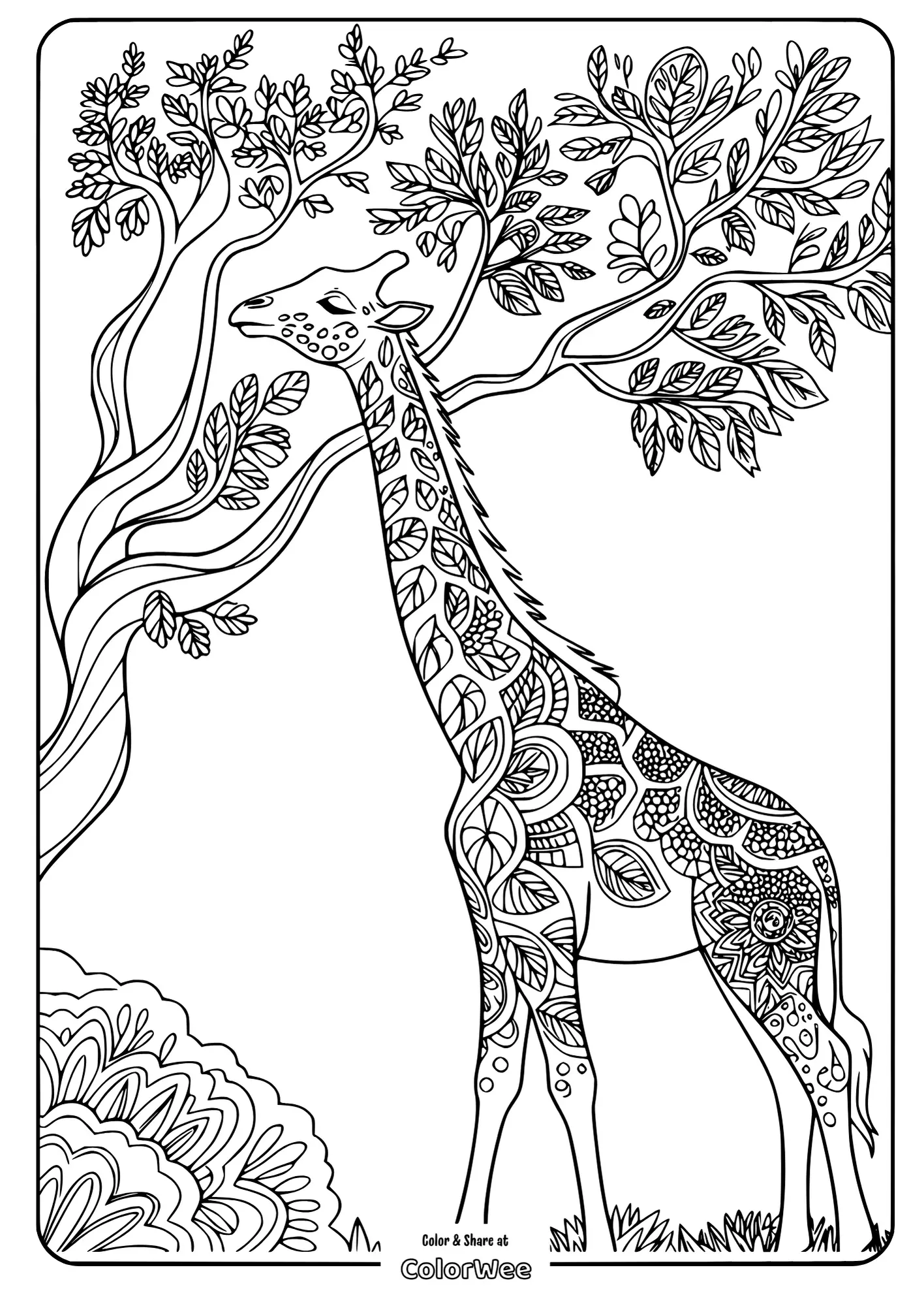 Giraffe coloring page with intricate tree patterns.