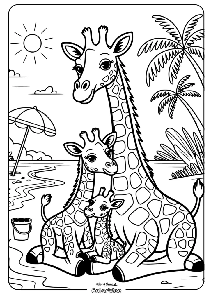 Giraffe family coloring page by the beach with palm trees and sun.