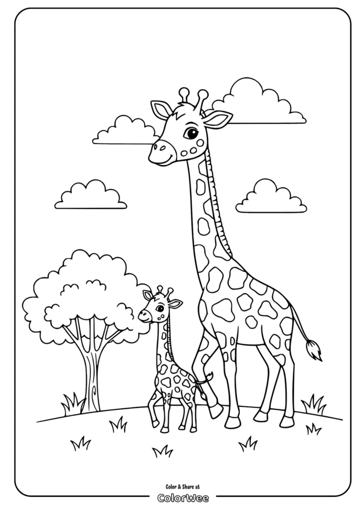 Giraffe family coloring page with clouds and tree.