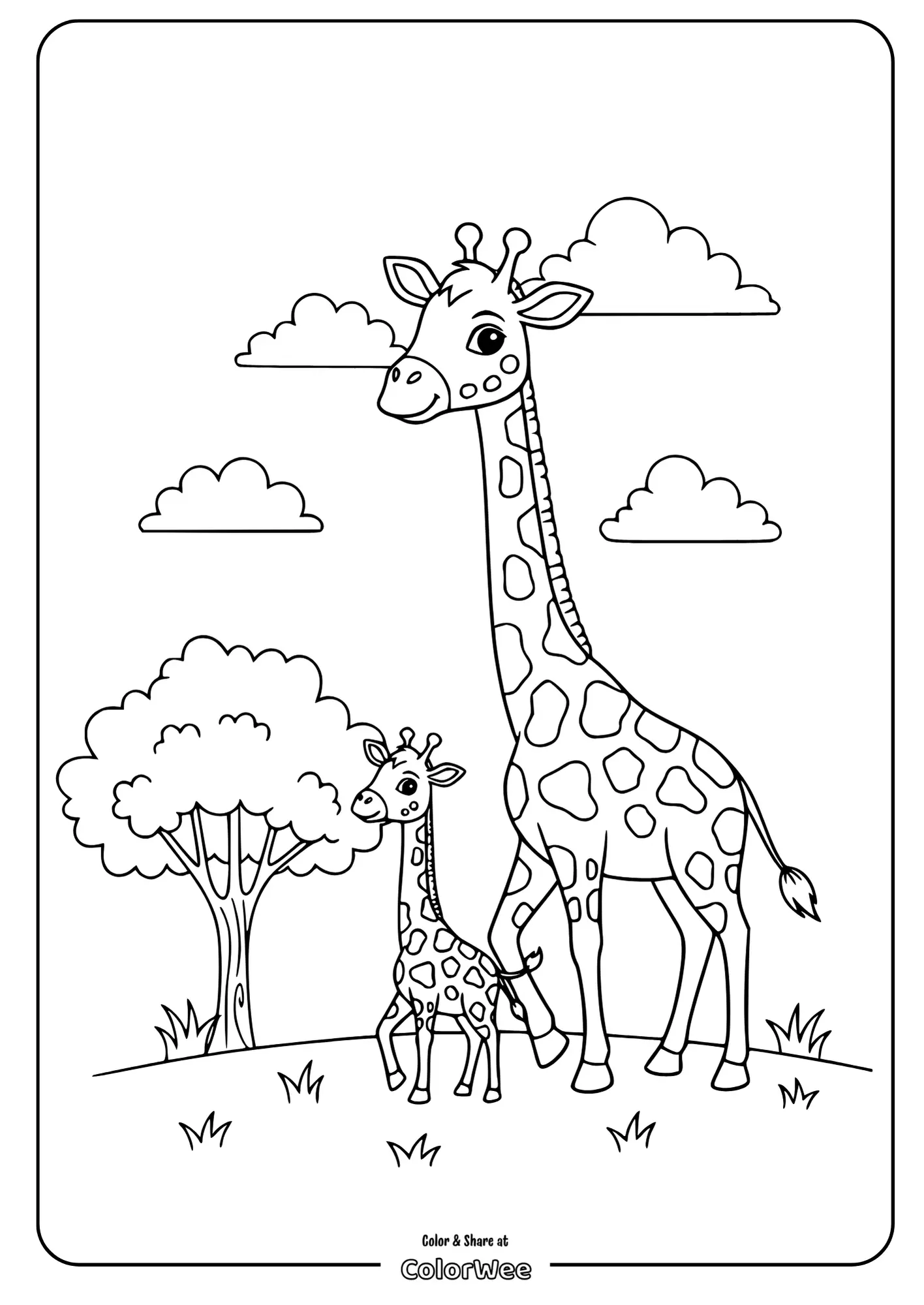 Giraffe family coloring page with clouds and tree.