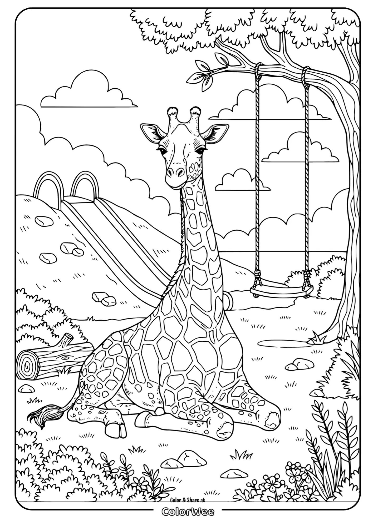 Giraffe in park with swings, slides, and trees coloring page.