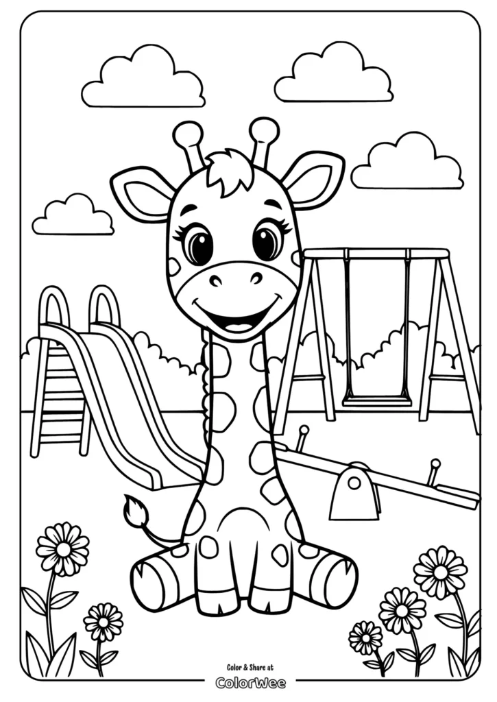 Giraffe in playground coloring page with swing and slide