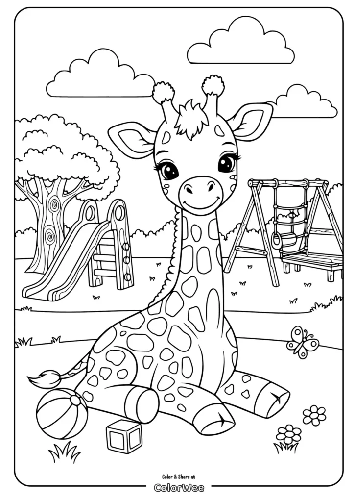 giraffe sitting playground toys Coloring page: cute giraffe in playground setting with toys.