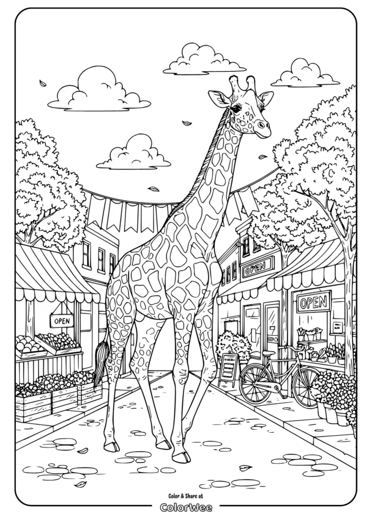 Giraffe strolls through picturesque street market coloring page.