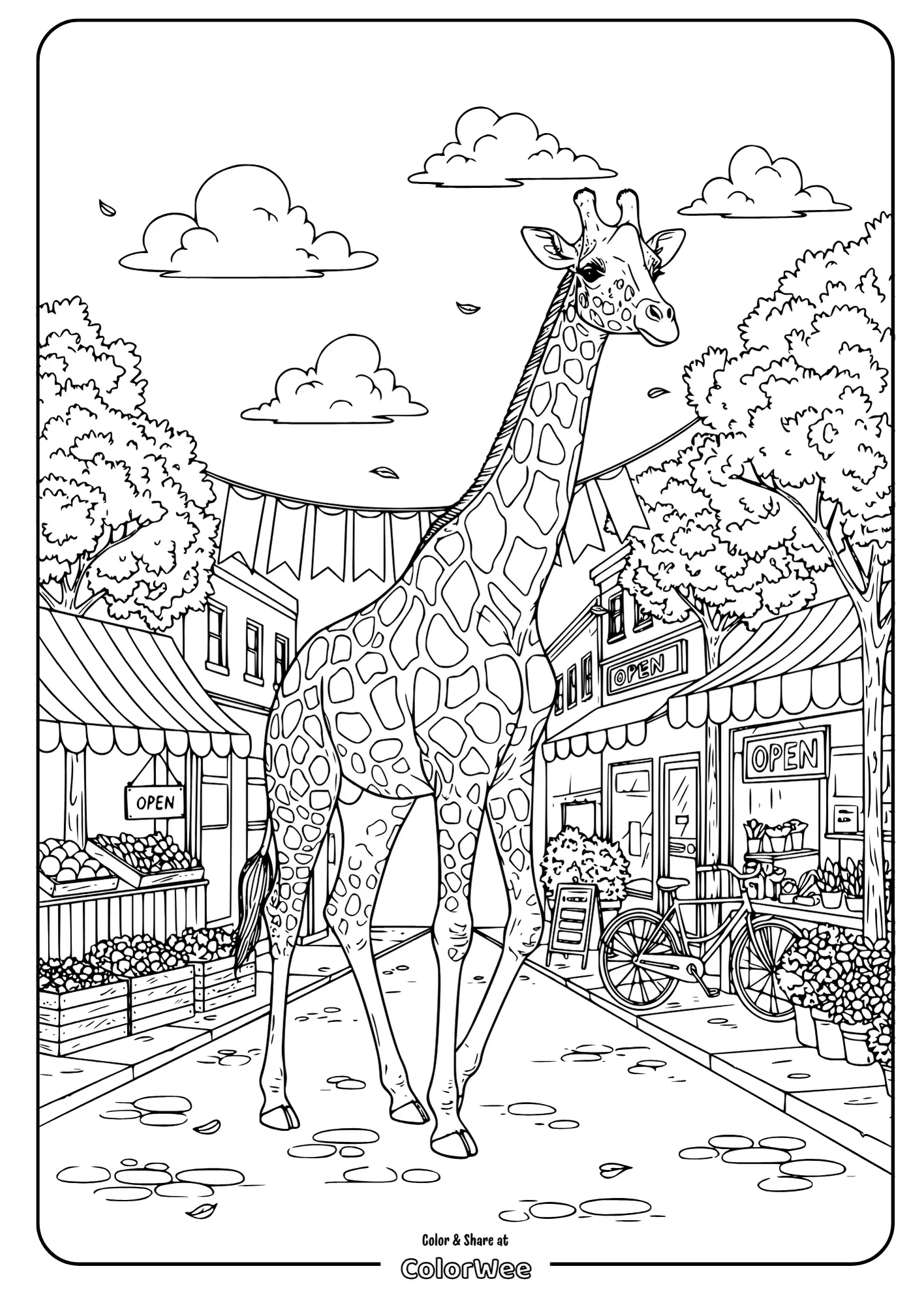 Giraffe strolls through picturesque street market coloring page.