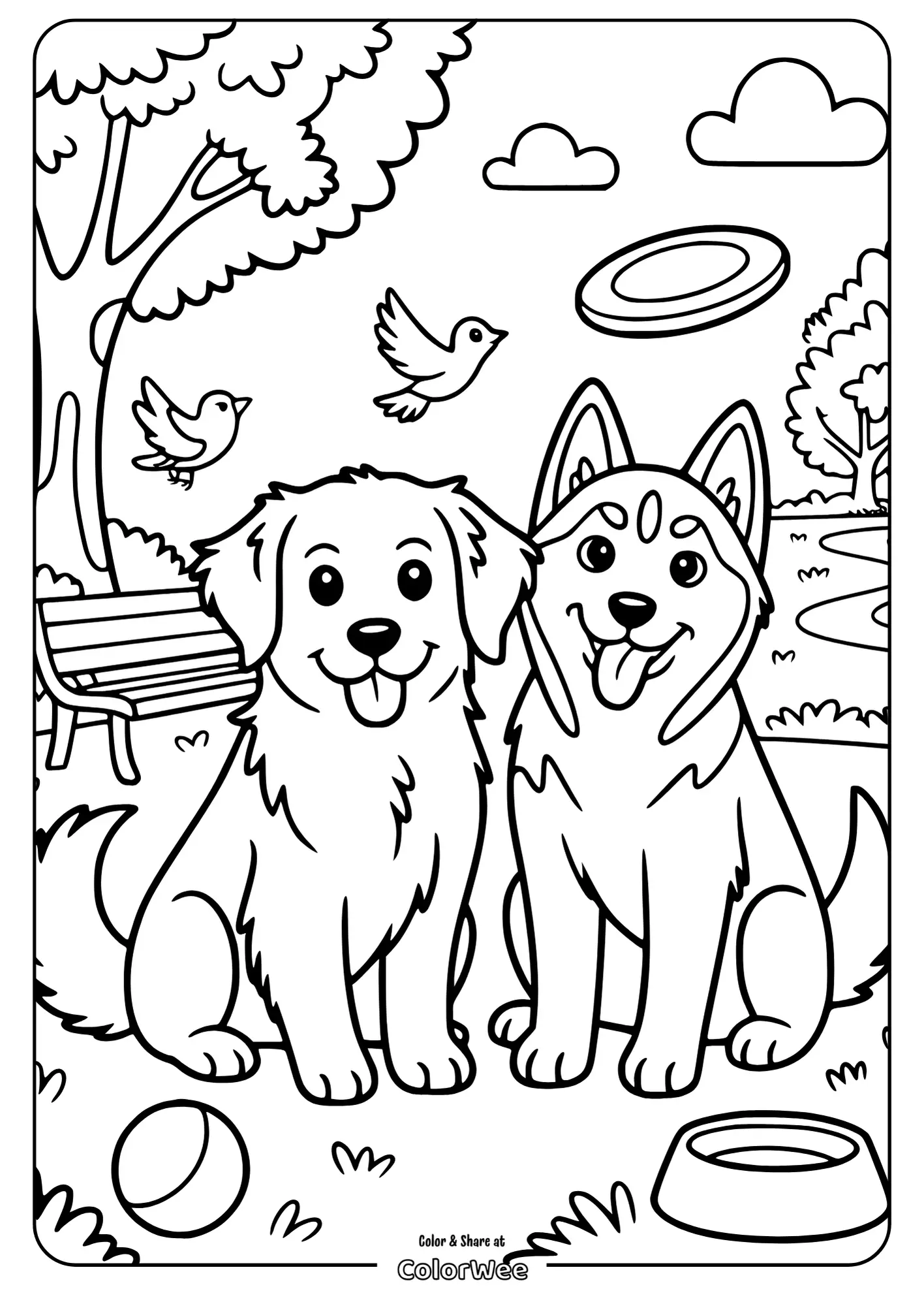 Coloring page: happy dogs with frisbee and birds in a park setting.