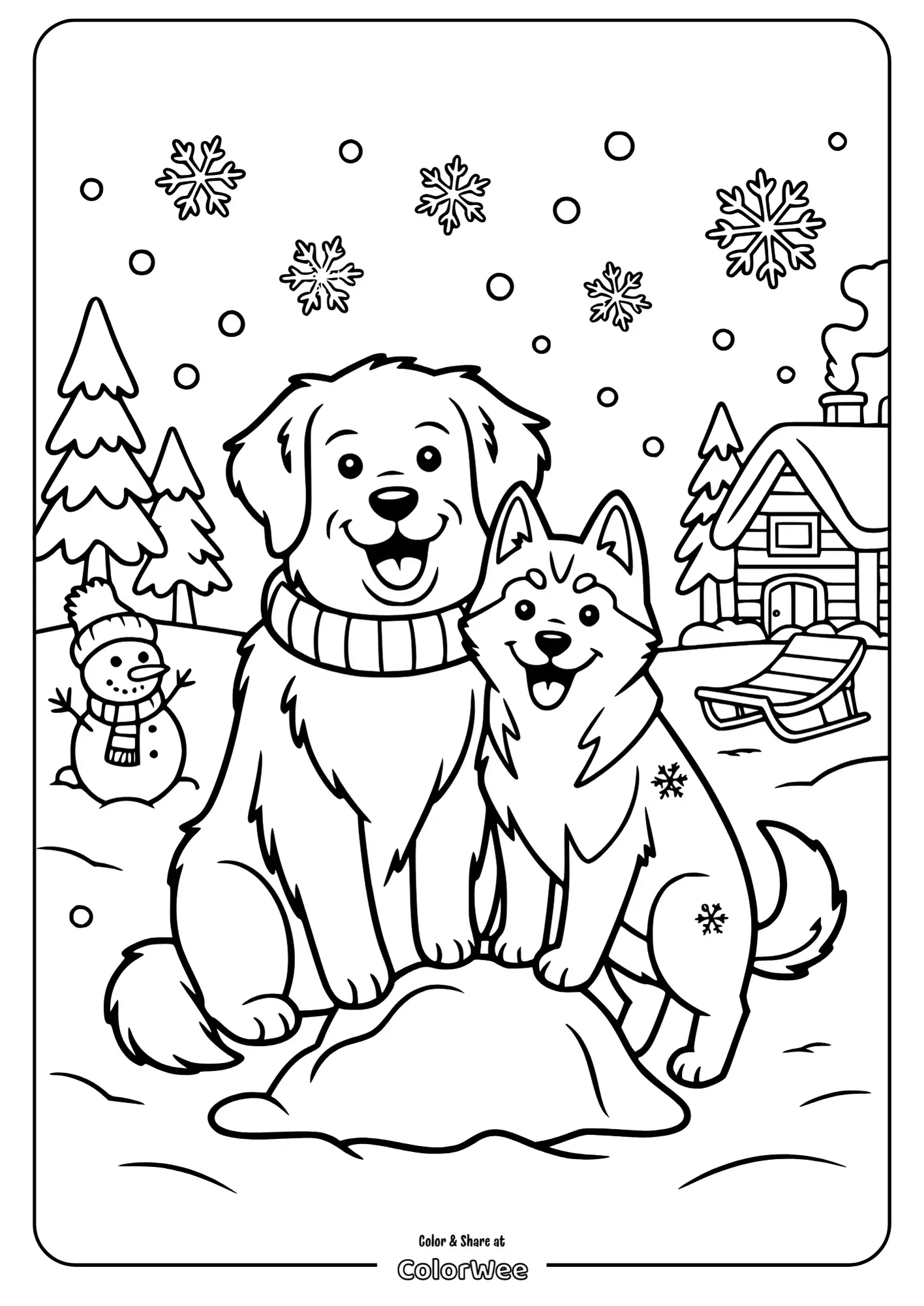 Two happy dogs in a snowy landscape coloring page