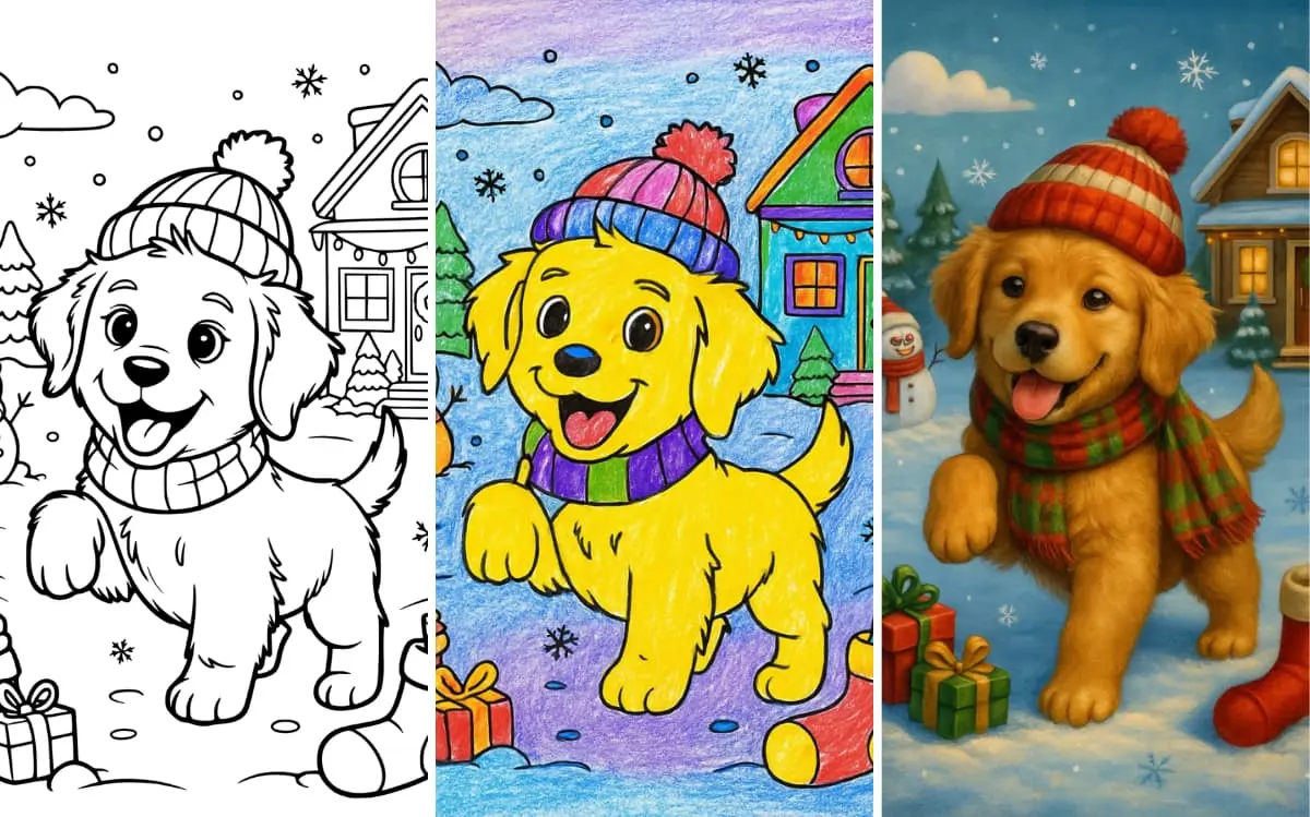 Cute puppy in winter attire with gifts and snowflakes coloring page.