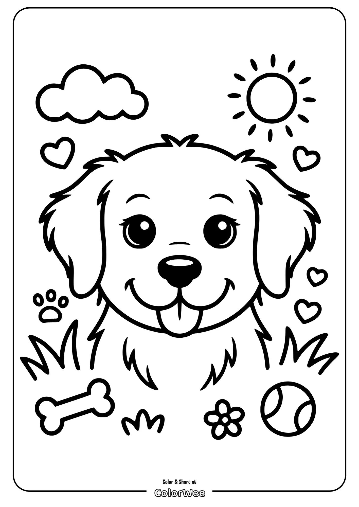 Cute puppy coloring page with sun, clouds, hearts, and playful items.