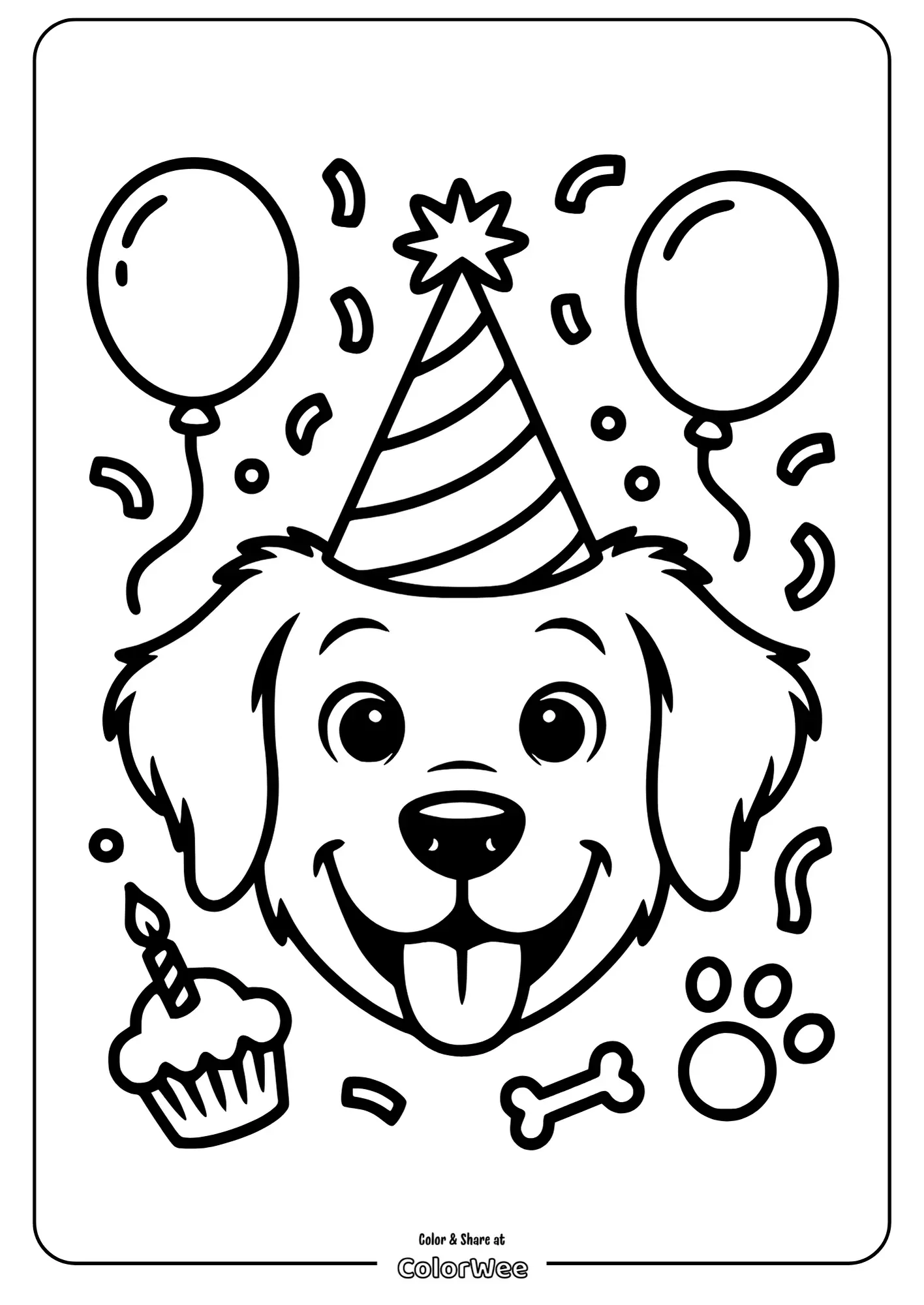 Dog birthday coloring page with party hat and balloons.