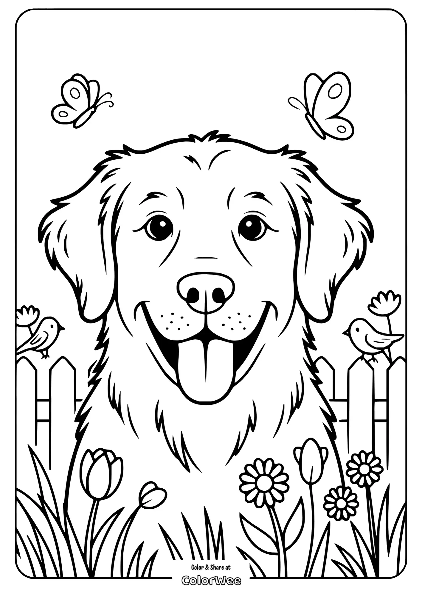 Happy dog coloring page with butterflies and birds.