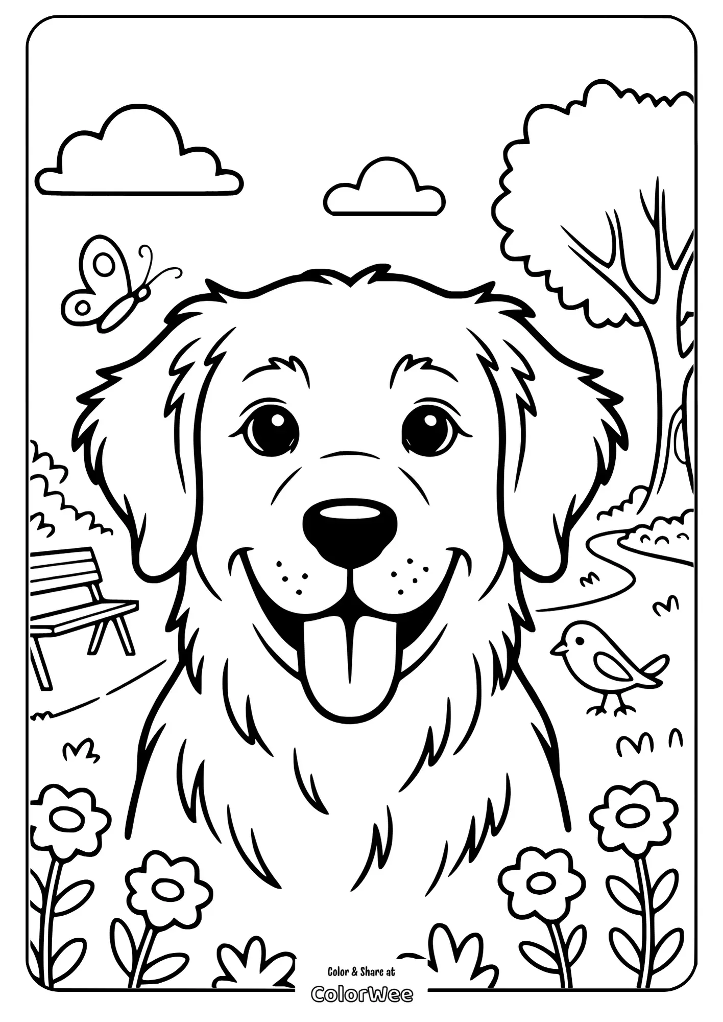 Friendly dog in garden coloring page with flowers and a butterfly.