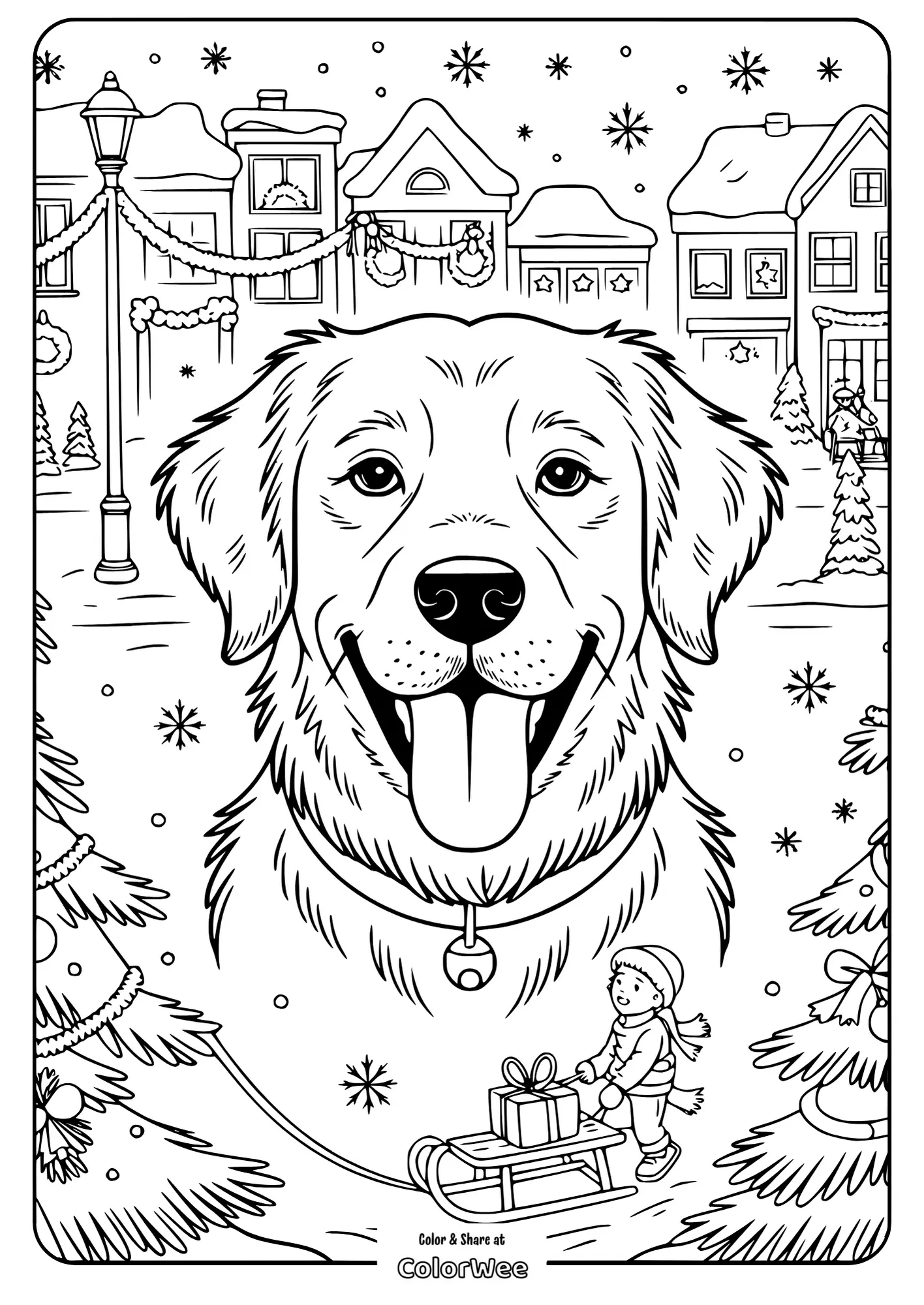 Festive dog scene with child sledding and snowy village backdrop