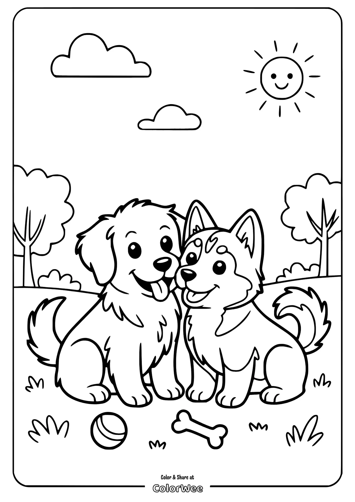 Cute dogs coloring page with sun and clouds.