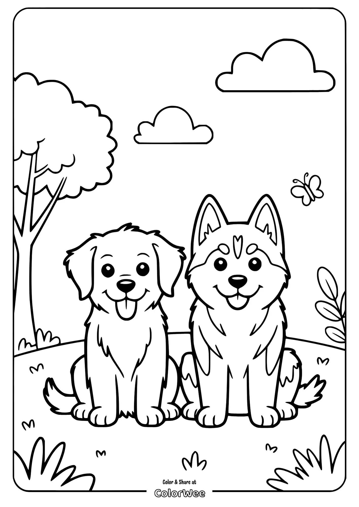 Two happy puppies in a garden coloring page.