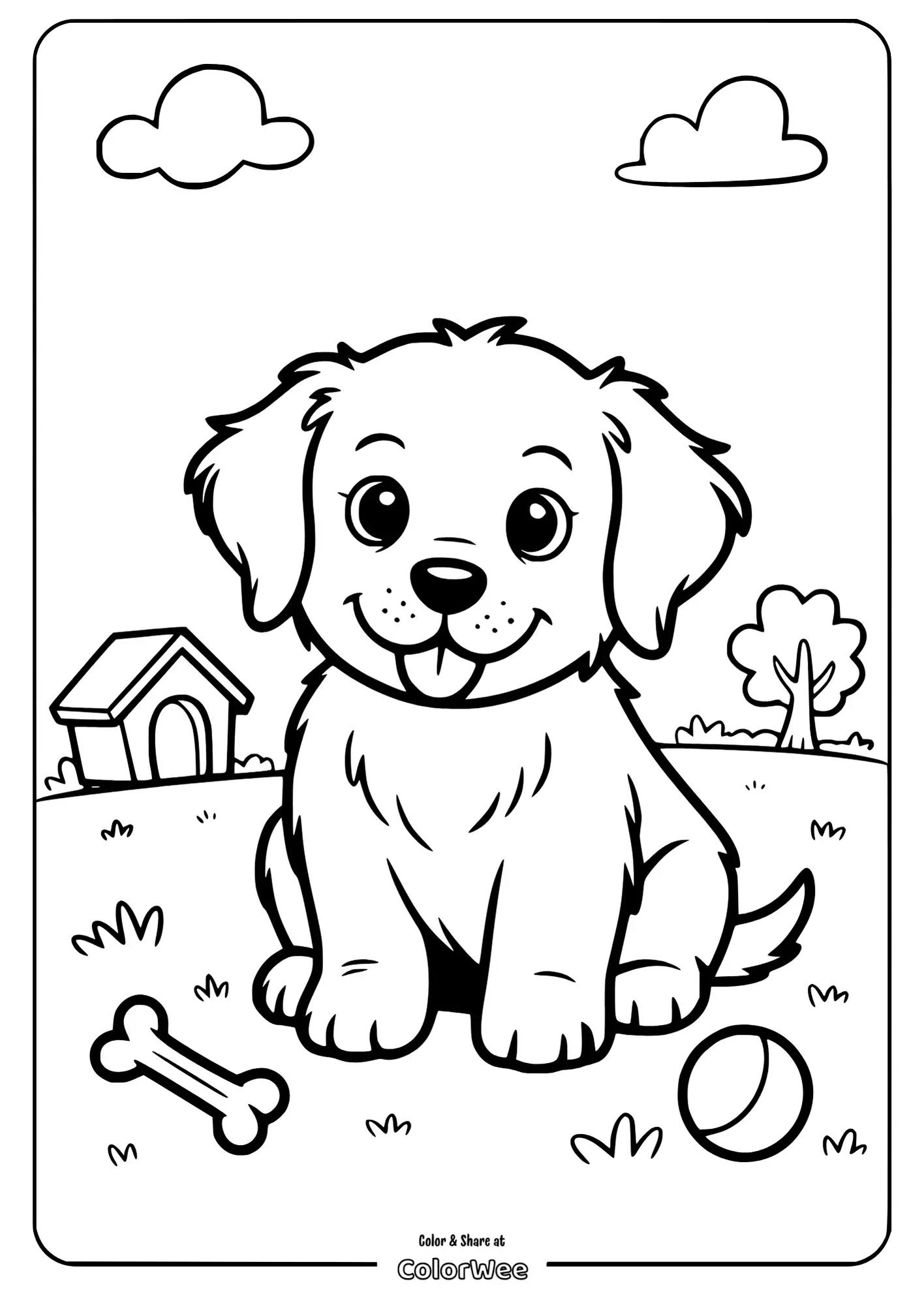 Cute golden retriever puppy coloring page with bone and ball in a backyard setting.