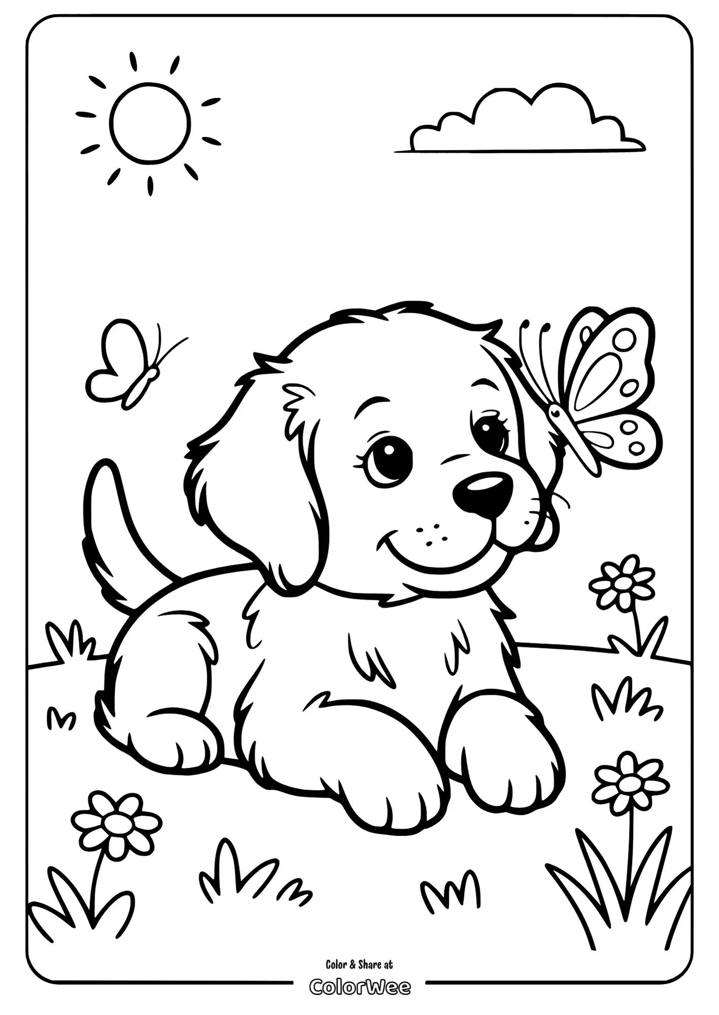 Cute puppy with butterflies coloring page.