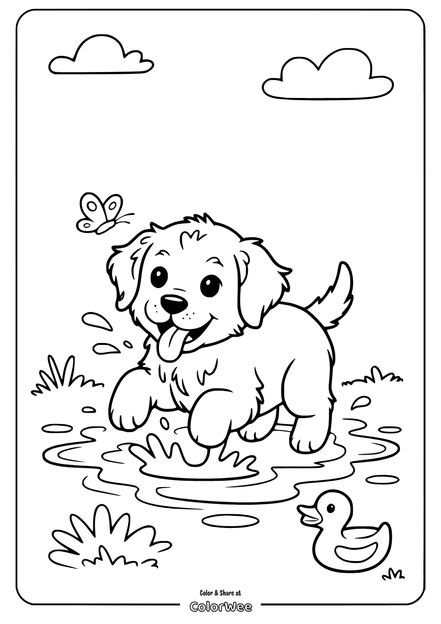 Cute puppy playing in a puddle coloring page with butterfly and duck.