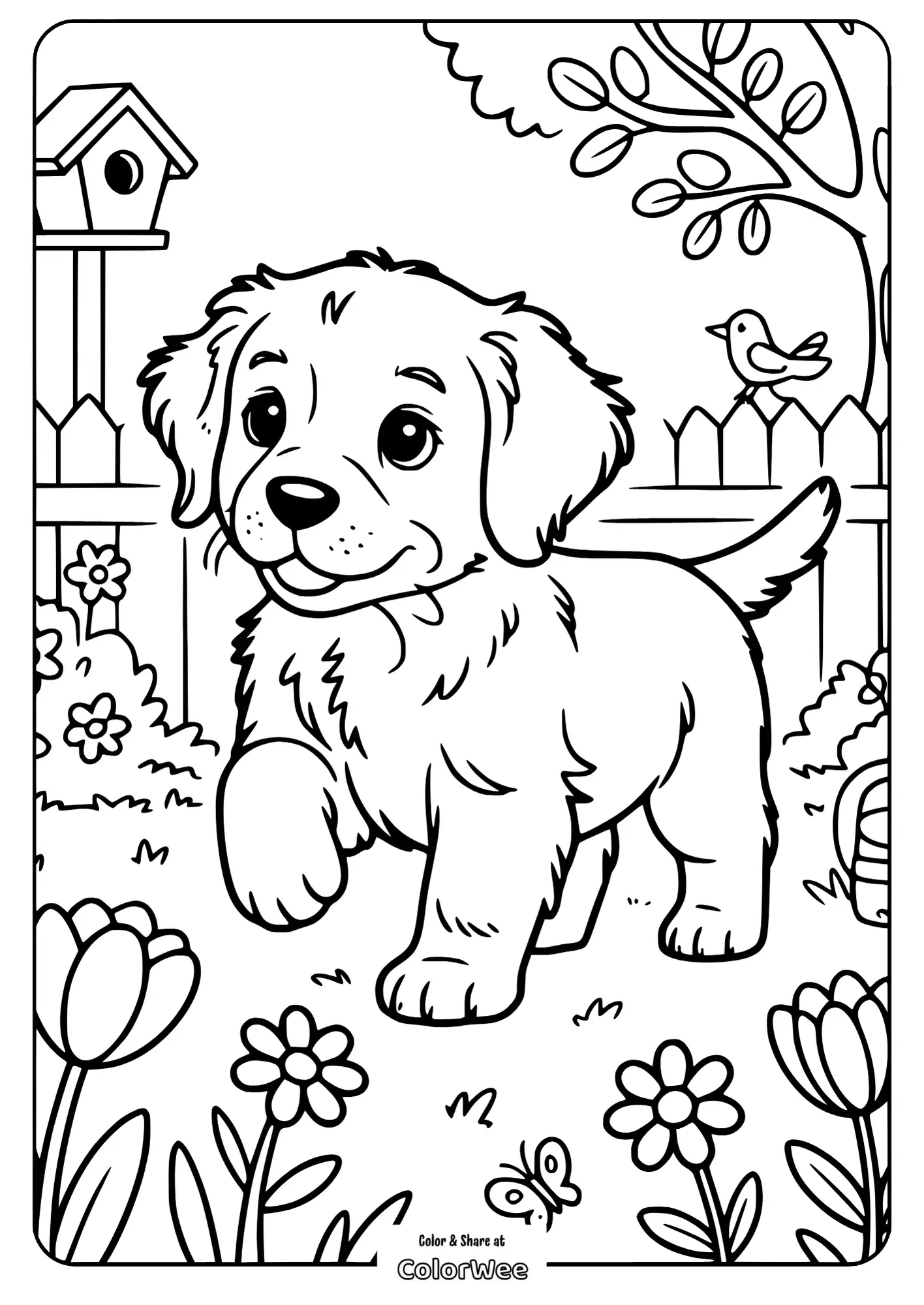 Cute puppy in garden coloring page with flowers and bird.