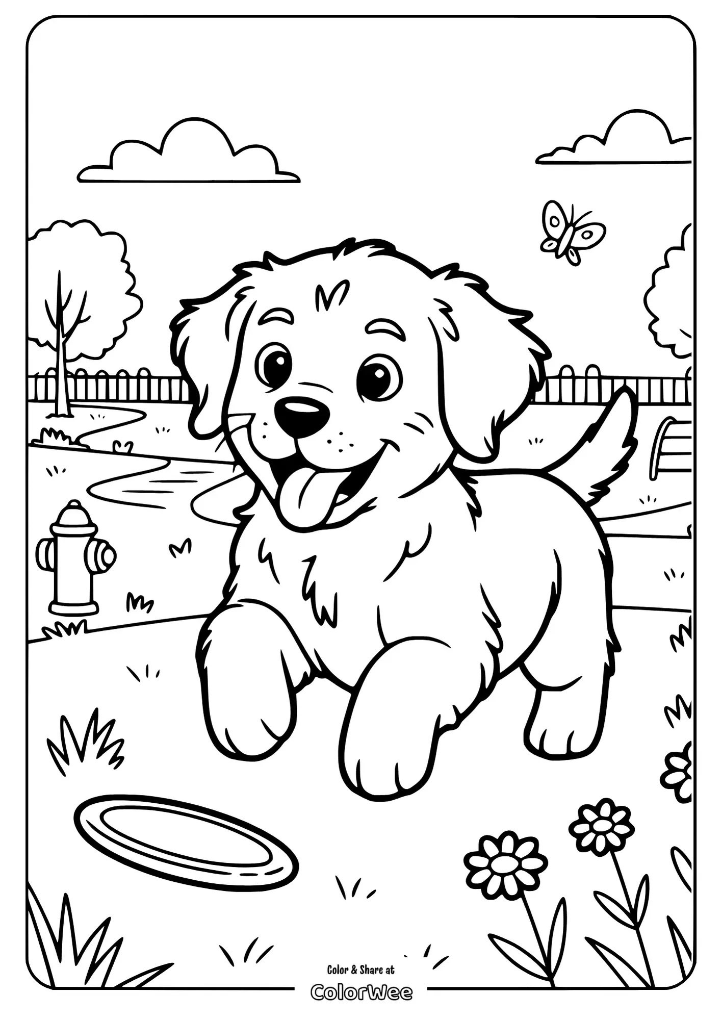 Cute puppy with frisbee in a park coloring page.
