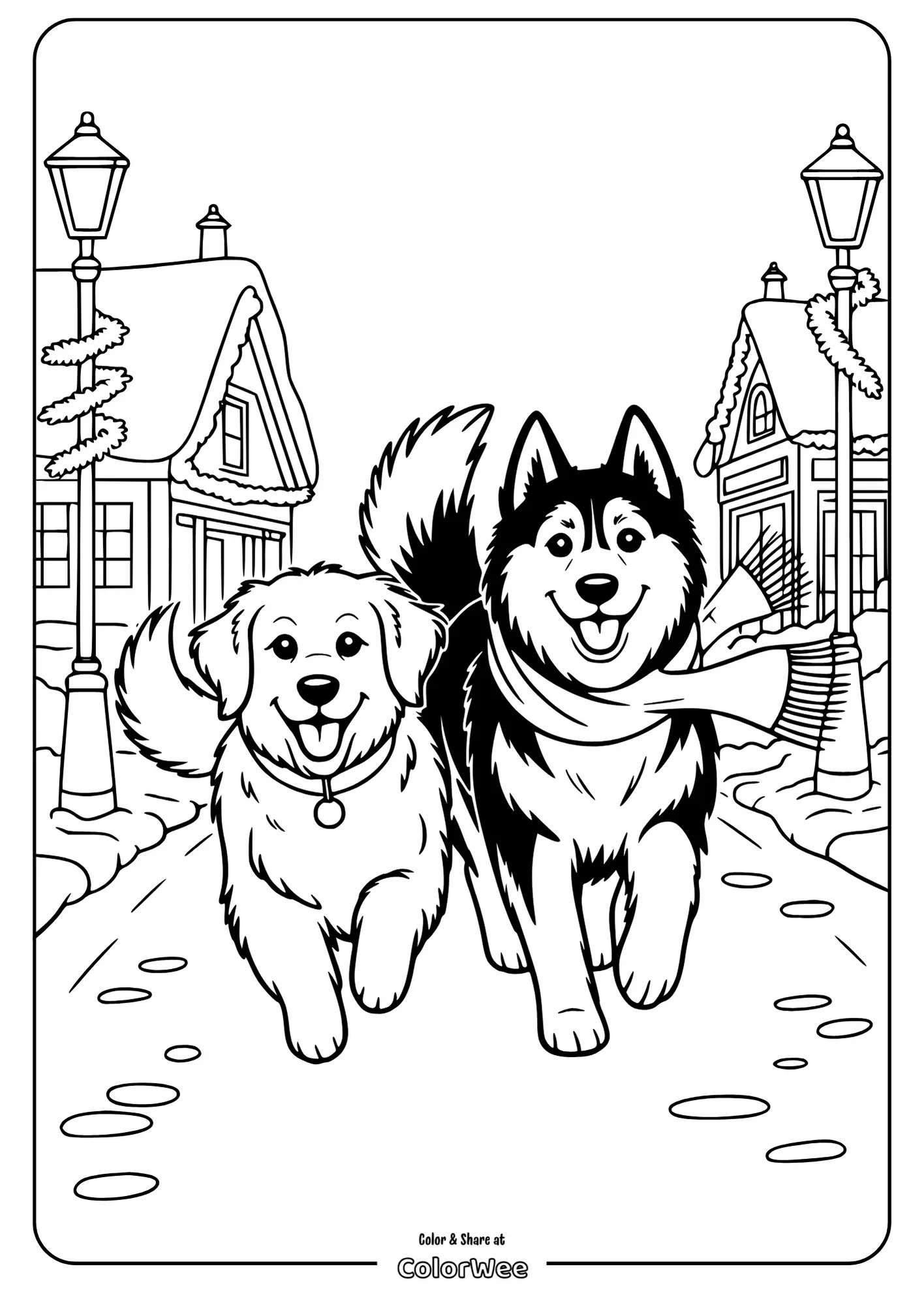 golden retriever and husky festive village walk 1 Two happy dogs in winter village coloring page.