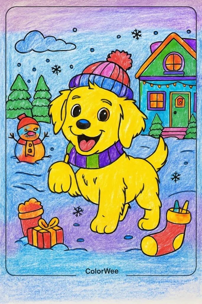 golden retriever children coloring Yellow puppy in winter snow scene with gifts and decorated house.