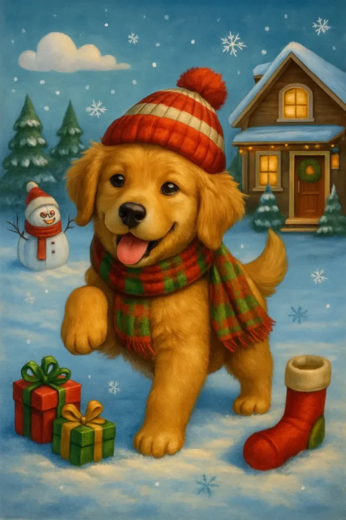 golden retriever professional coloring Cute puppy in winter hat with gifts in snowy scene.