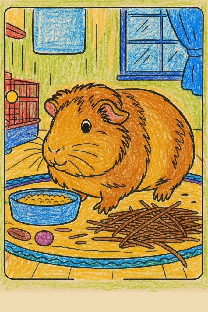 guinea pig colored Cute guinea pig coloring page with food and cozy room.