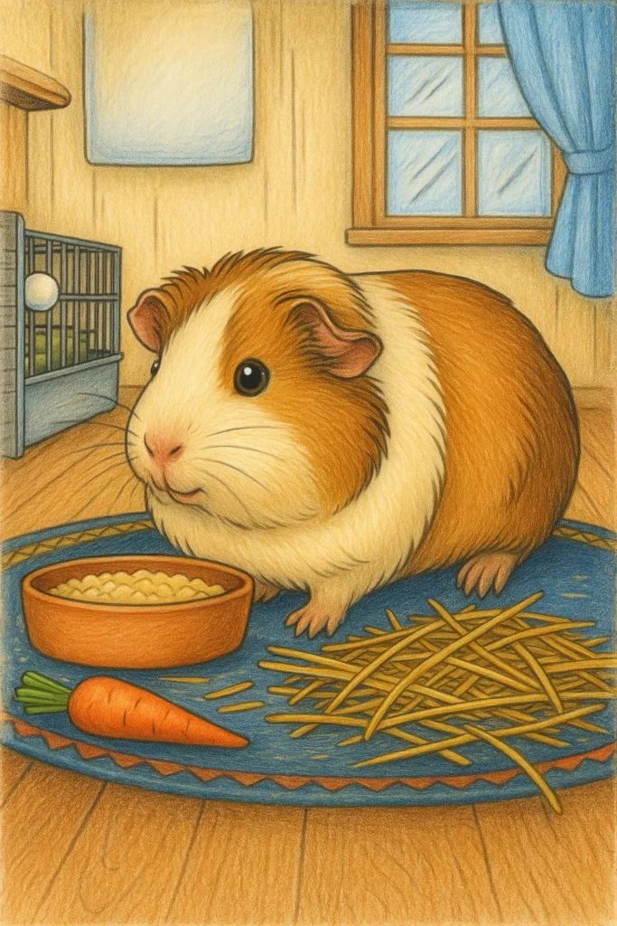 guinea pig professionally colored Guinea pig in cozy room with food bowl and carrot for coloring page.