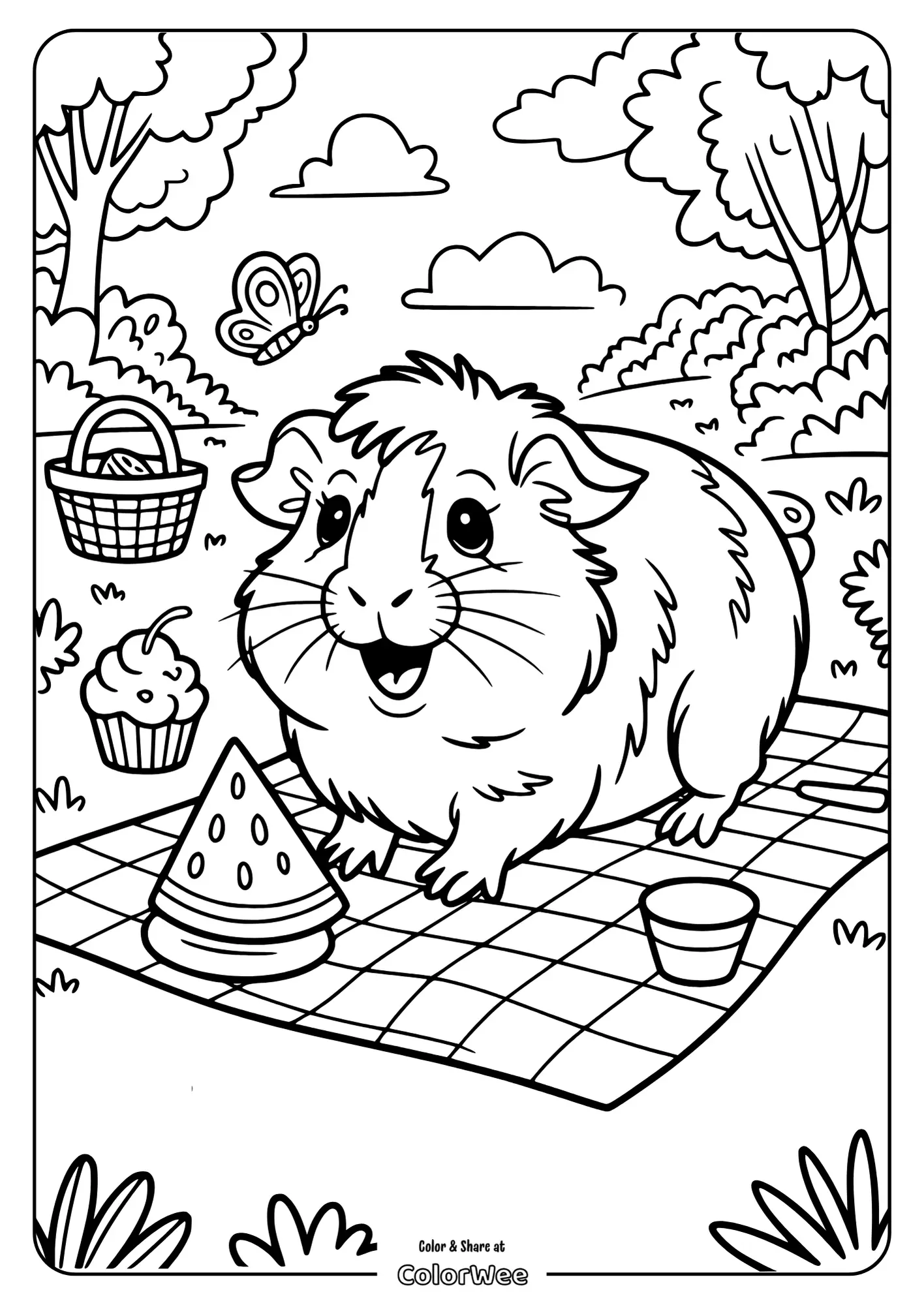Guinea pig picnic coloring page with food and nature.