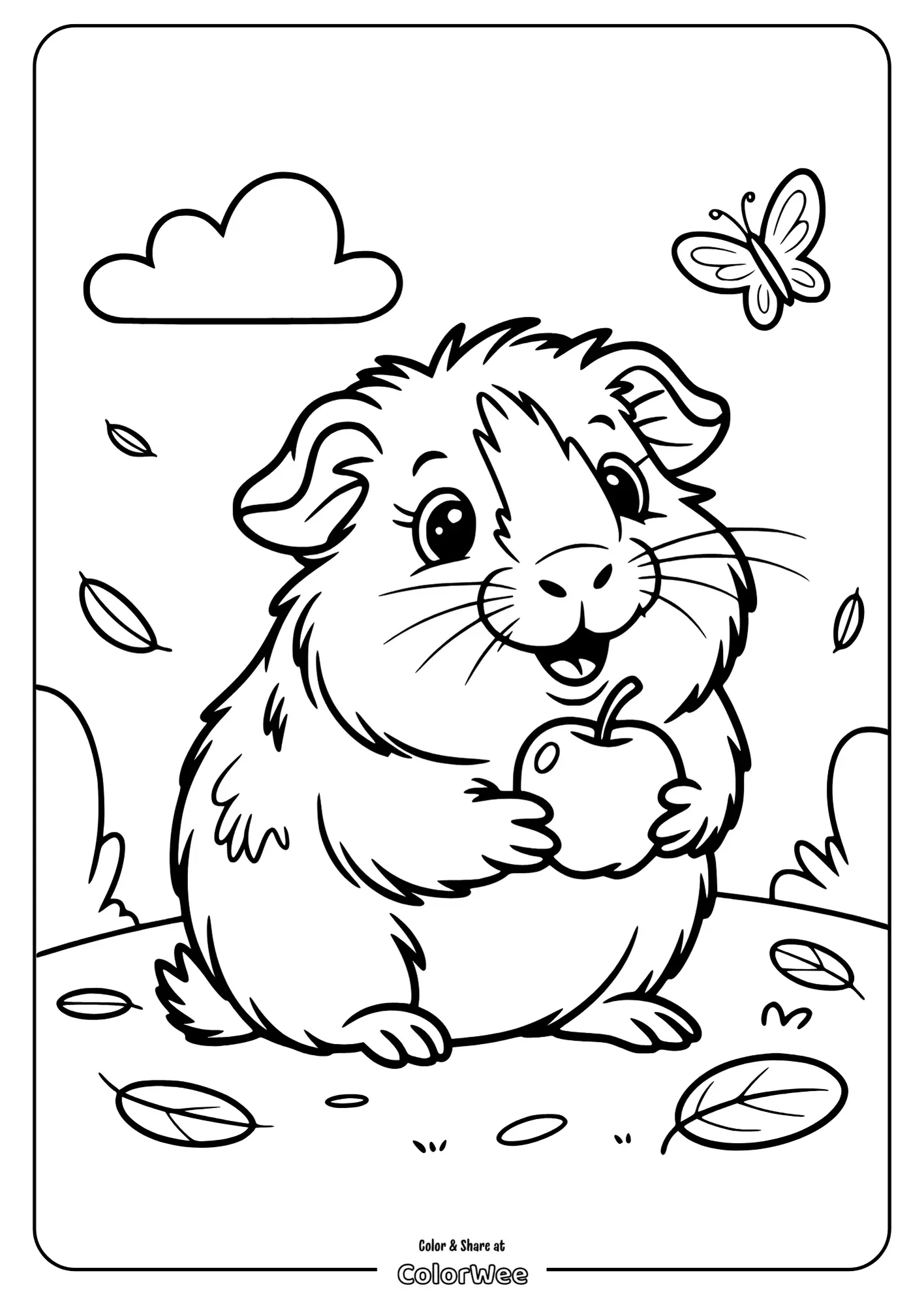 Guinea pig with apple and butterfly coloring page.