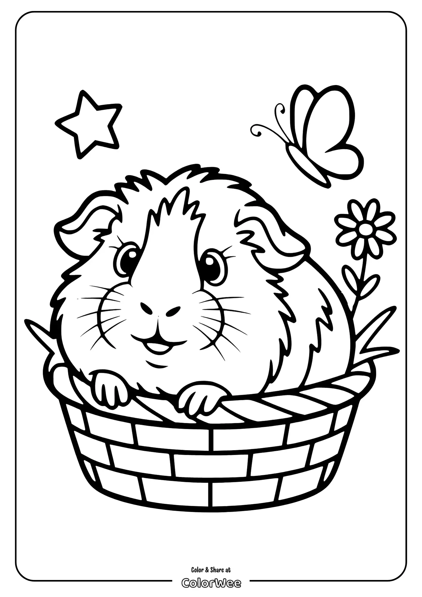Guinea pig in basket with butterfly, star, and flower coloring page.