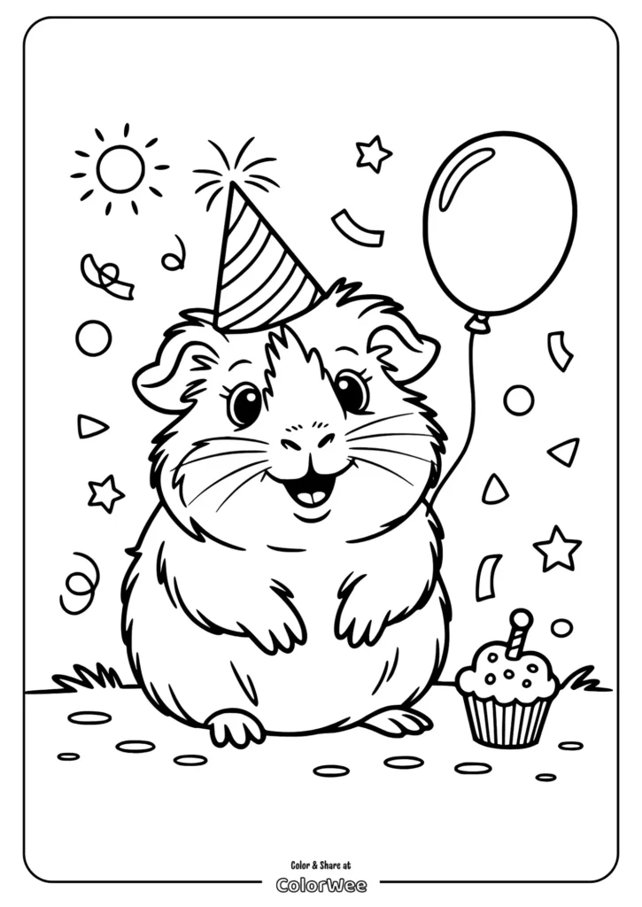 guinea pig party hat Guinea pig celebrates birthday with balloon and cupcake coloring page.