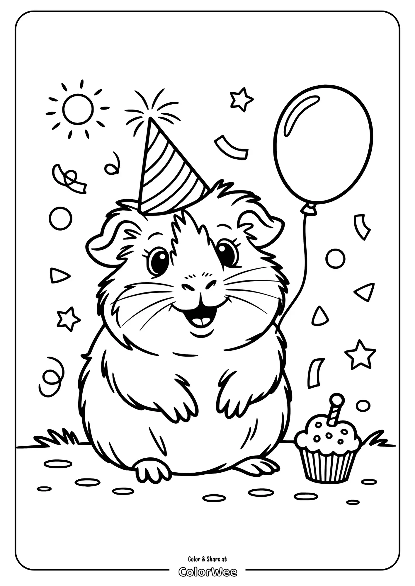 Guinea pig celebrates birthday with balloon and cupcake coloring page.