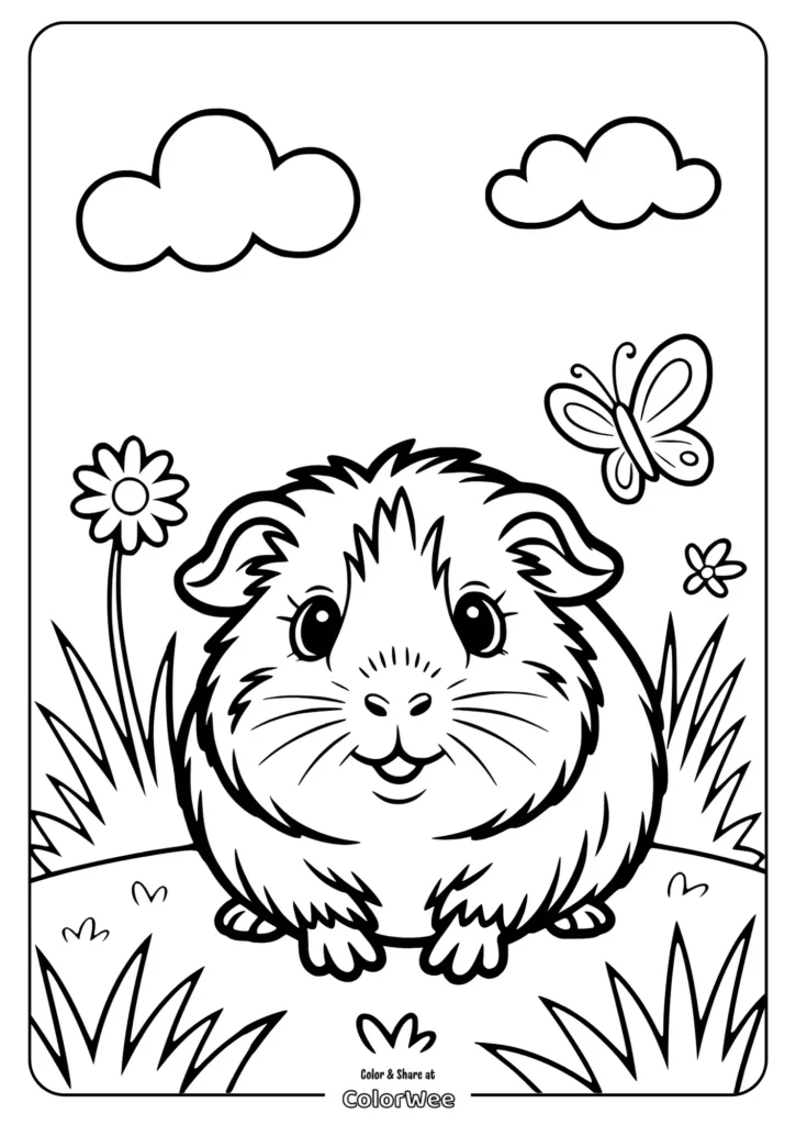 guinea pig sitting on grass Cute guinea pig coloring page with butterfly and flowers.