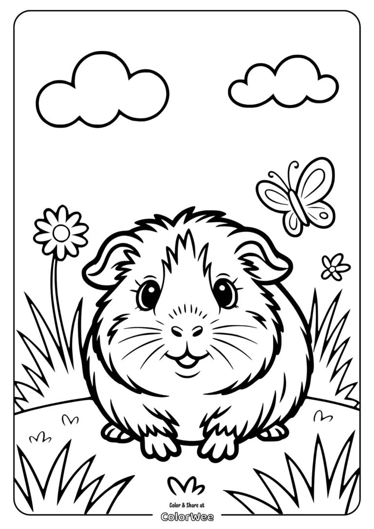 Cute guinea pig coloring page with butterfly and flowers.