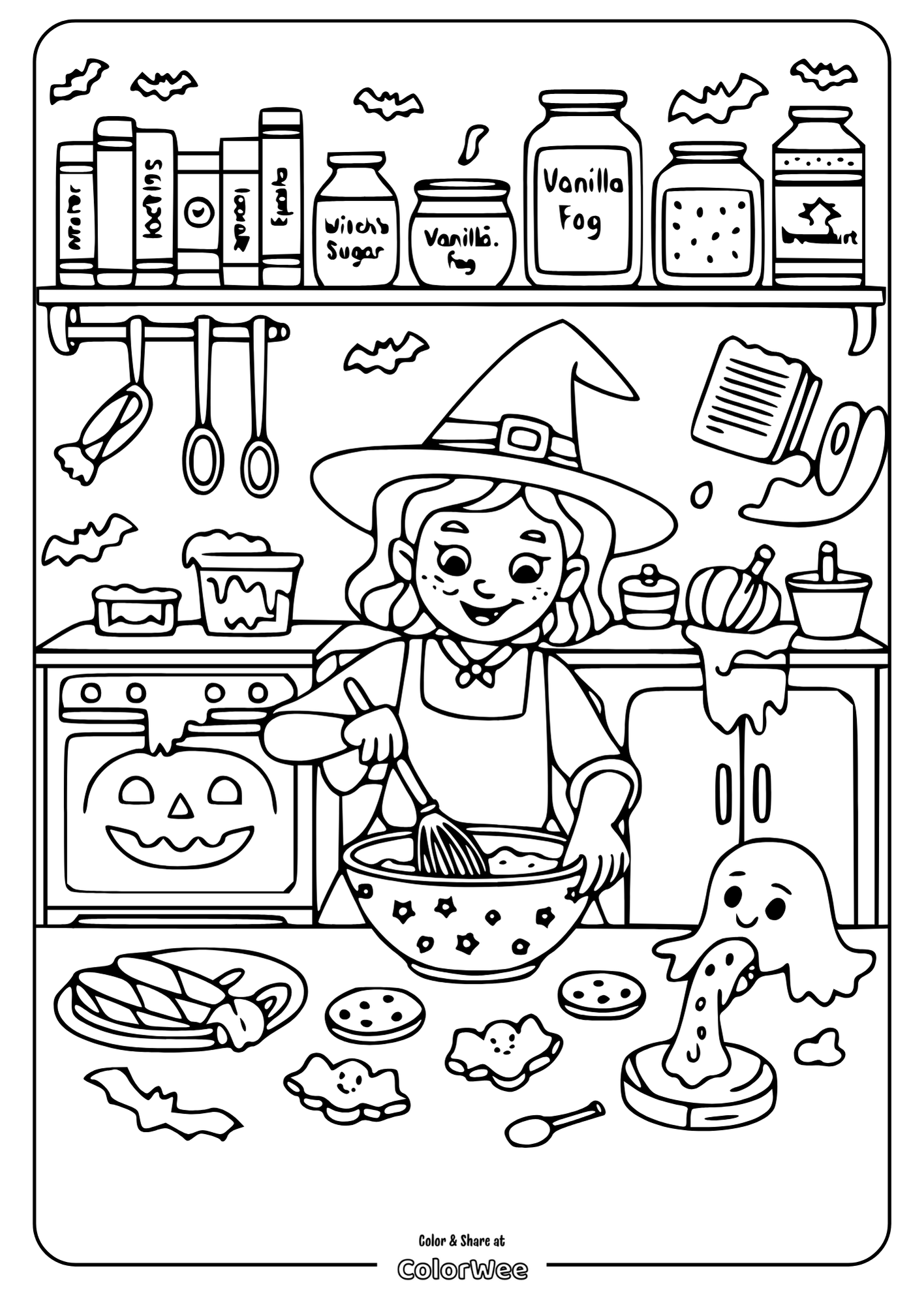 Witch baking Halloween treats in a spooky kitchen coloring page.