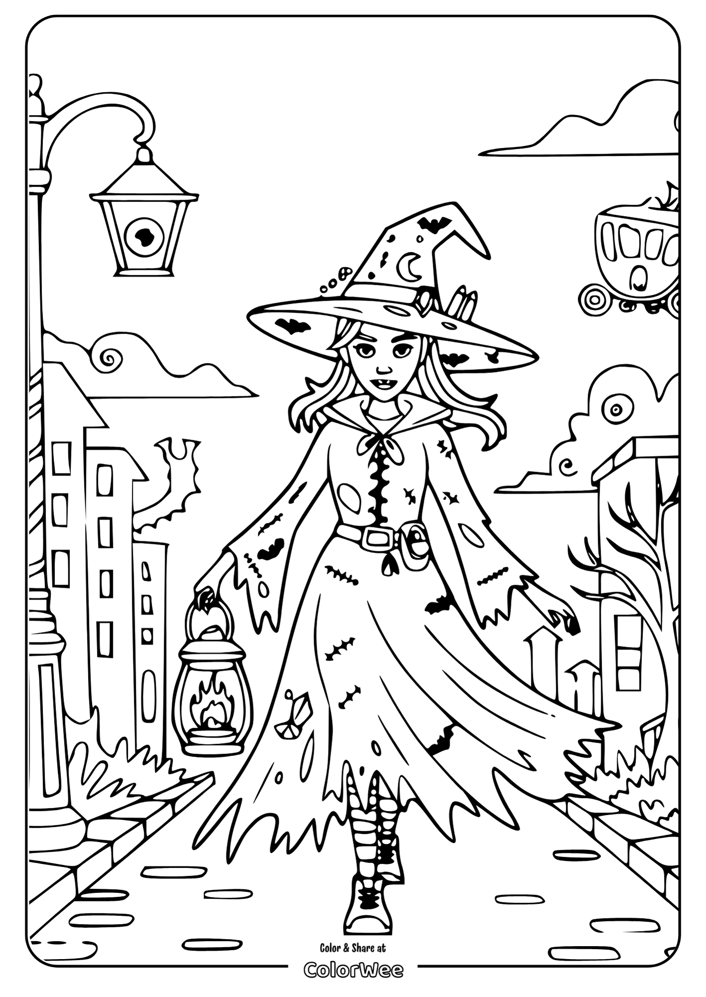 Witch with lantern walking down a street coloring page.