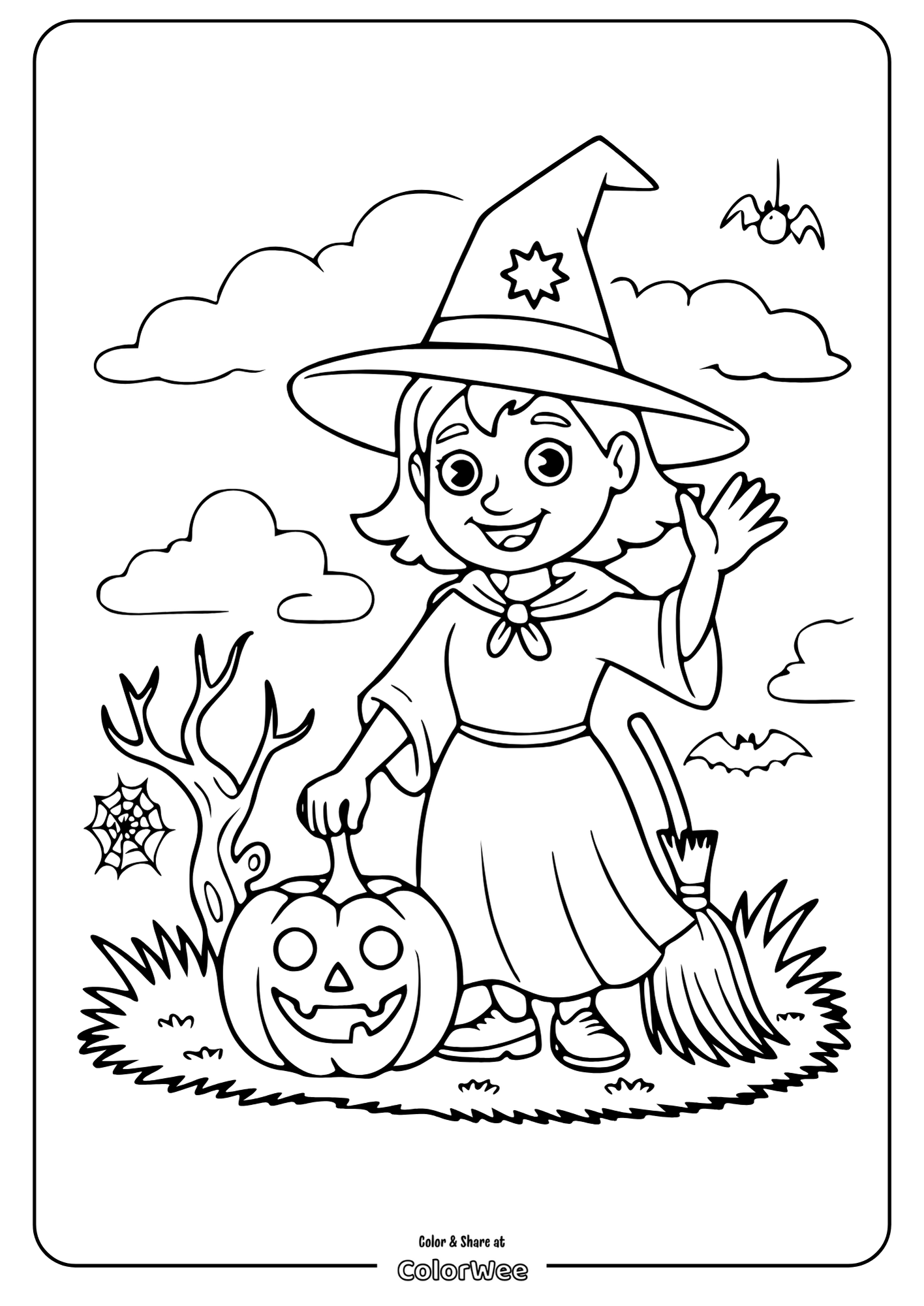 Witch with pumpkin and broom Halloween coloring page for kids.
