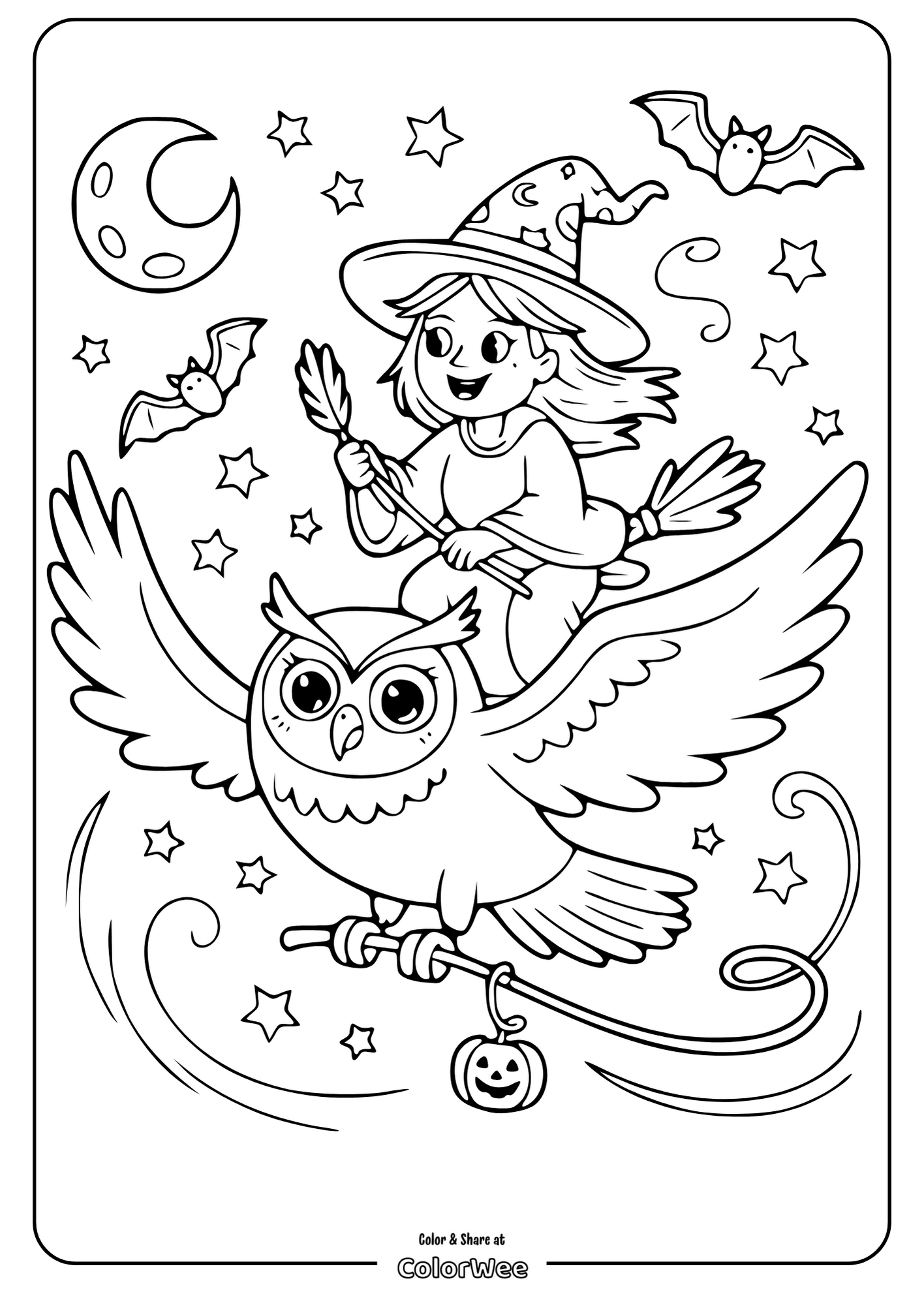 Witch on broomstick with owl under the moon and stars coloring page.