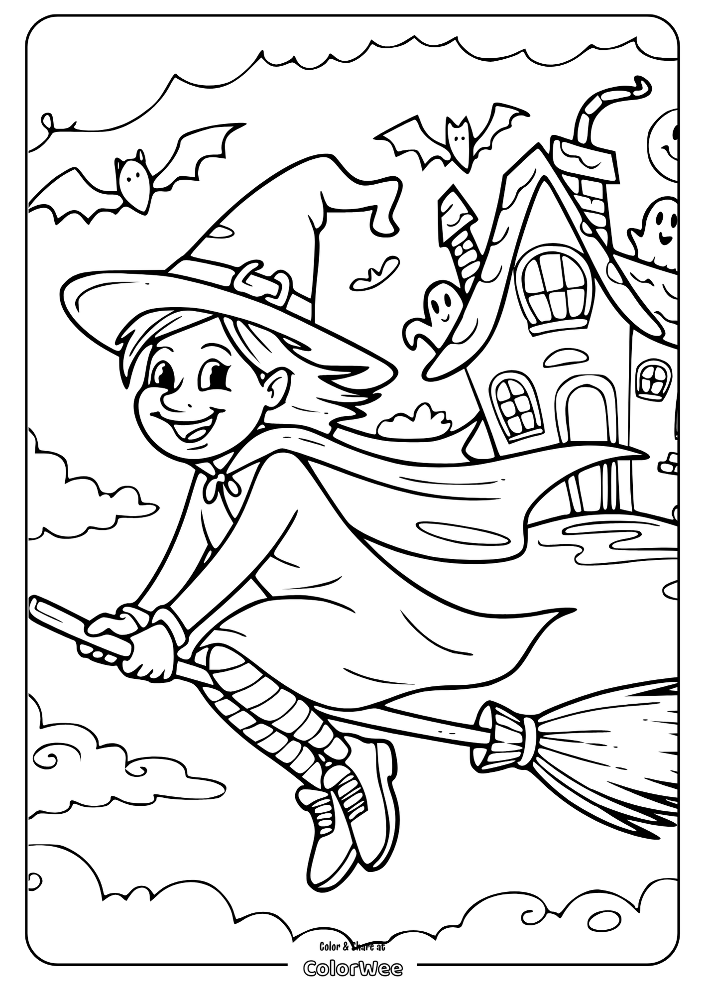 Witch flying on broomstick near haunted house coloring page.