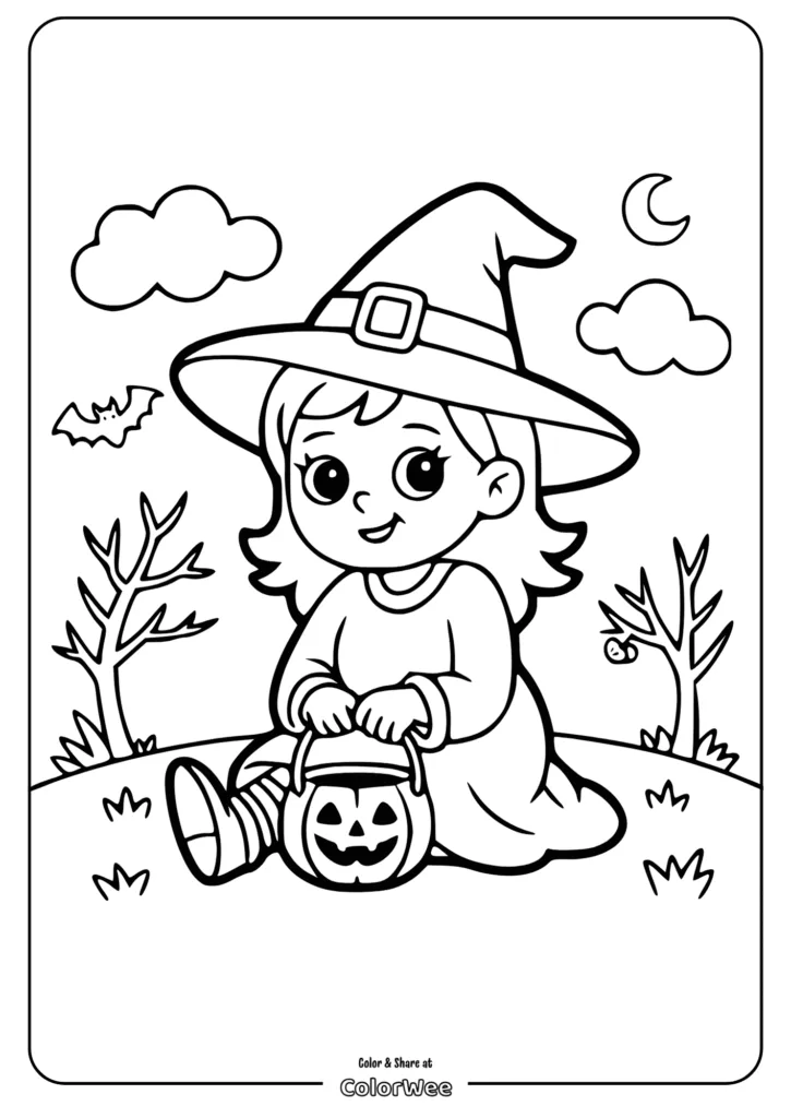 Young witch with pumpkin basket coloring page for Halloween fun.