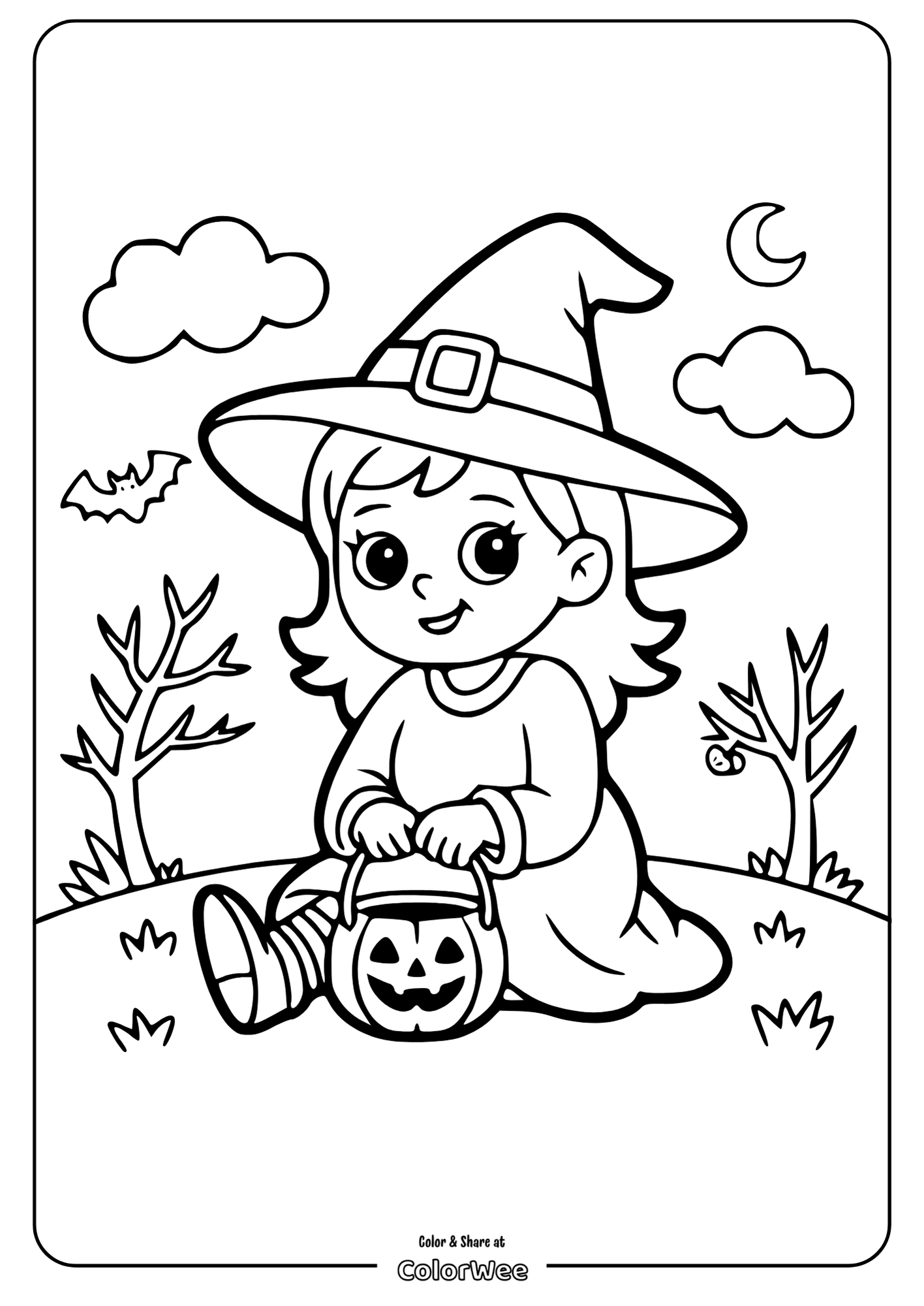 Young witch with pumpkin basket coloring page for Halloween fun.