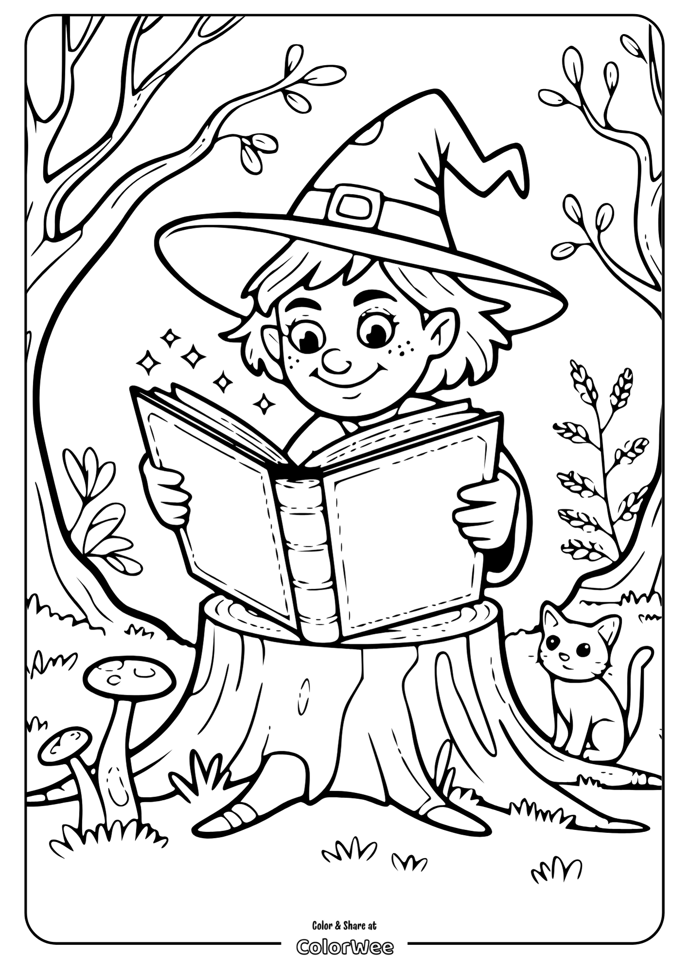 Witch reading a magical book with cat in the forest coloring page.