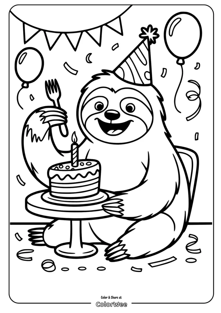 Sloth birthday coloring page with cake and balloons.