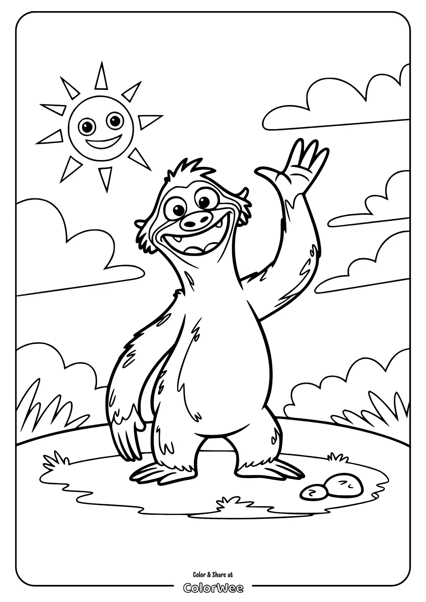 Happy cartoon sloth waving under a sunny sky coloring page